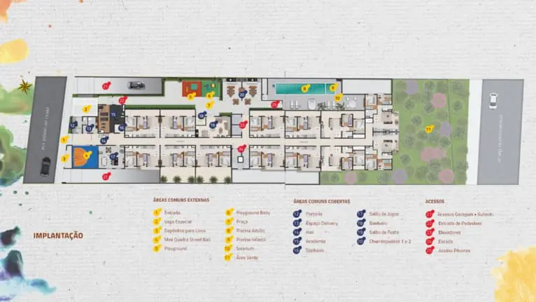 Planta da área externa do prédio com as seguintes áreas destacadas: Rua Estado do Ceará, Áreas Comuns Externas e Cobertas, Acessos, Entrada, Playground Baby, Portaria, Salão de Jogos, Vaga Especial, Praça, Depósitos para Lixos, Piscina Adulto, Espaço Delivery Hall, Banheiro, Salão de Festa, Acessos Garagem, Subsolo Entrada de Pedestres, Elevadores, Mini Quadra Street Ball, Piscina Infantil, Academia, Churrasqueiras 1 e 2, Escada, Playground, Solarium, Área Verde, Acesso Piscinas, AV. ARQ. VILANOVA ARTIGAS.