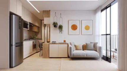 Sala de estar decorada com sofá confortável, mesa de centro, estante para TV e decoração contemporânea. Cozinha decorada com armários planejados, bancada de granito, fogão embutido e eletrodomésticos modernos.