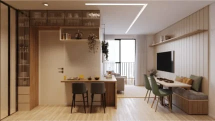 Sala de estar decorada com sofá confortável, mesa de centro, estante para TV e decoração contemporânea. Cozinha decorada com armários planejados, bancada de granito, fogão embutido e eletrodomésticos modernos.