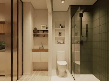 Banheiro decorado com pia moderna, espelho amplo, chuveiro com box de vidro e acessórios elegantes.