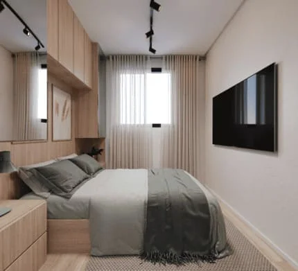 Quarto de casal decorado com cama de casal, dois criados-mudos, guarda-roupa grande e luminárias modernas.