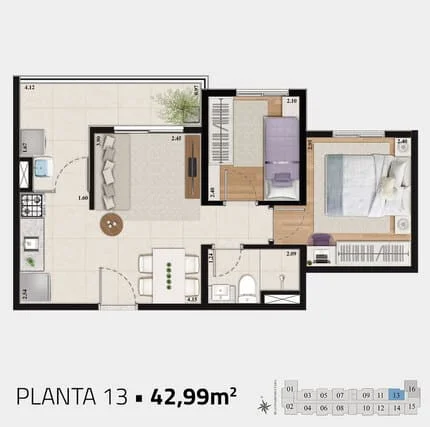 Planta de apartamento 42 metros quadrados com 1 quarto de solteiro, 1 quarto de casal, cozinha, banheiro e sala de estar.