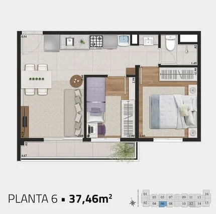 Planta de apartamento 37 metros quadrados com 1 quarto de solteiro, 1 quarto de casal, cozinha, banheiro e sala de estar.